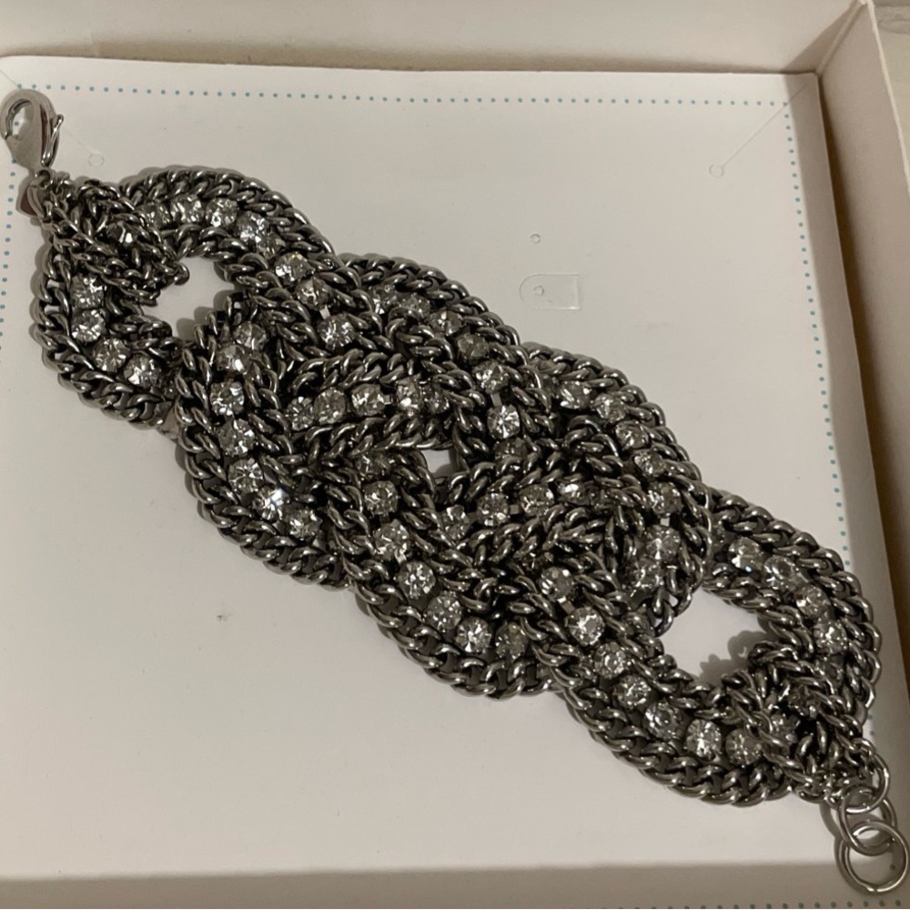 Stella & Dot Braided sliver tone and clear rhinestone chain Statement Bracelet